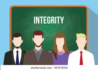 integrity white text on green chalkboard illustration with four people standing in front of the chalkboard