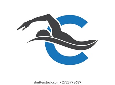 Intel más tarde C con diseño de logotipo de competición de natación moderna con Elementos de agua dinámicos 