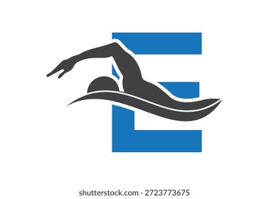 Intel más tarde E con diseño de logotipo de competición de natación moderna con Elementos de agua dinámicos 