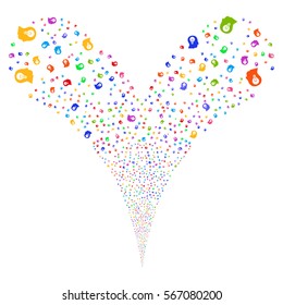 Intellect Bulb fireworks stream. Vector illustration style is flat bright multicolored iconic symbols on a white background. Object double fountain made from random icons.