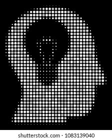 Intellect bulb halftone vector icon. Illustration style is pixel iconic intellect bulb symbol on a black background. Halftone structure is build with circle items.