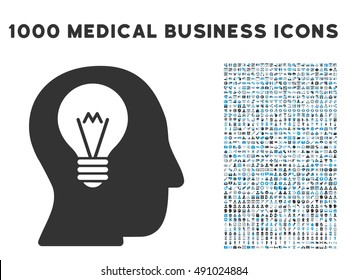 Intellect Bulb icon with 1000 medical commercial gray and blue vector pictographs. Design style is flat bicolor symbols, white background.