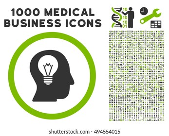 Intellect Bulb icon with 1000 medical commercial eco green and gray vector pictographs. Set style is flat bicolor symbols, white background.