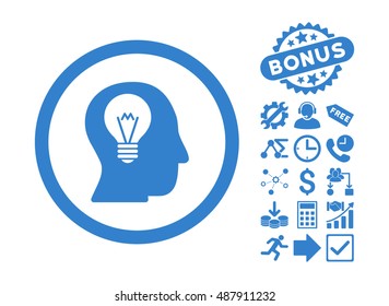 Intellect Bulb icon with bonus elements. Vector illustration style is flat iconic symbols, cobalt color, white background.