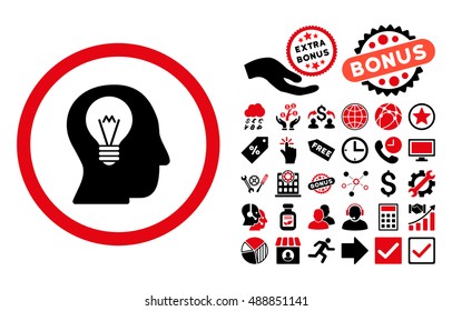 Intellect Bulb pictograph with bonus elements. Vector illustration style is flat iconic bicolor symbols, intensive red and black colors, white background.