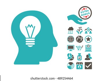 Intellect Bulb pictograph with bonus elements. Vector illustration style is flat iconic bicolor symbols, grey and cyan colors, white background.