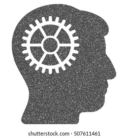 Intellect Cog grainy textured icon for overlay watermark stamps. Flat symbol with unclean texture. Dotted vector gray ink rubber seal stamp with grunge design on a white background.