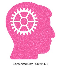 Intellect Cog grainy textured icon for overlay watermark stamps. Flat symbol with dust texture. Dotted vector pink ink rubber seal stamp with grunge design on a white background.