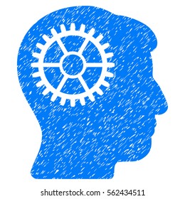 Intellect Cog grainy textured icon for overlay watermark stamps. Flat symbol with scratched texture. Dotted vector blue ink rubber seal stamp with grunge design on a white background.