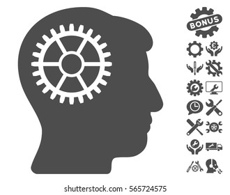 Intellect Cog icon with bonus options images. Vector illustration style is flat iconic gray symbols on white background.