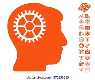 Intellect Cog icon with bonus quad copter tools design elements. Vector illustration style is flat iconic symbols on white background.