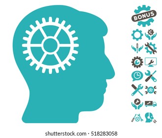 Intellect Cog icon with bonus setup tools pictograms. Vector illustration style is flat iconic grey and cyan symbols on white background.