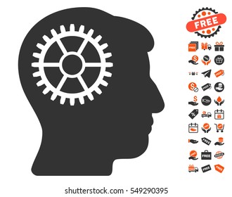 Intellect Cog icon with free bonus pictograph collection. Vector illustration style is flat iconic symbols, orange and gray colors, white background.