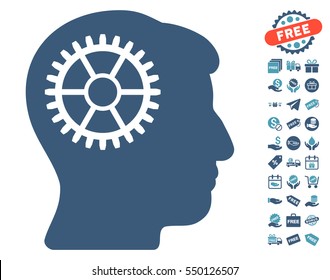 Intellect Cog icon with free bonus graphic icons. Vector illustration style is flat iconic symbols, cyan and blue colors, white background.
