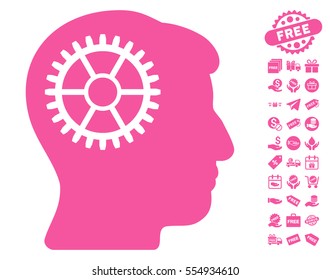 Intellect Cog icon with free bonus pictograms. Vector illustration style is flat iconic symbols, pink color, white background.