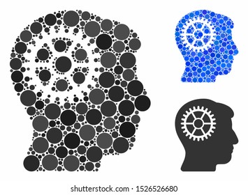 Intellect cog mosaic for intellect cog icon of round dots in various sizes and color tinges. Vector round dots are combined into blue illustration.