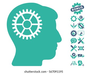 Intellect Cog pictograph with bonus options symbols. Vector illustration style is flat iconic cobalt and cyan symbols on white background.