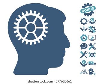Intellect Cog pictograph with bonus options images. Vector illustration style is flat iconic cyan and blue symbols on white background.