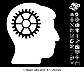 Intellect Cog pictograph with bonus uav tools clip art. Vector illustration style is flat iconic white symbols on black background.