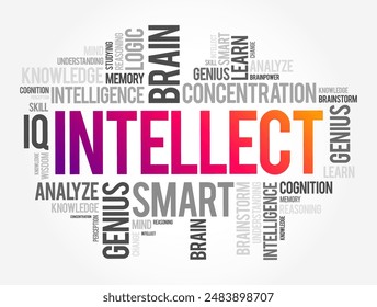 Intellect - the faculty of reasoning and understanding objectively, especially with regard to abstract matters, word cloud concept background. No AI generated content