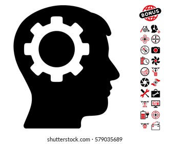 Intellect Gear icon with bonus aircopter tools icon set. Vector illustration style is flat iconic intensive red and black symbols on white background.