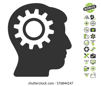 Intellect Gear icon with bonus copter tools clip art. Vector illustration style is flat iconic eco green and gray symbols on white background.
