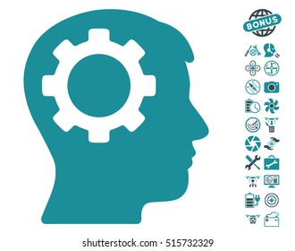 Intellect Gear icon with bonus drone tools pictures. Vector illustration style is flat iconic symbols on white background.