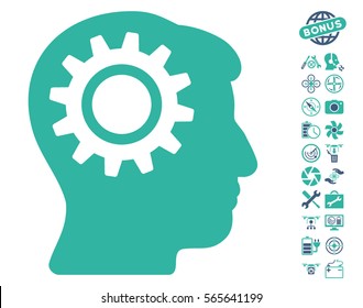 Intellect Gear icon with bonus flying drone service images. Vector illustration style is flat iconic cobalt and cyan symbols on white background.