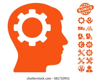 Intellect Gear icon with bonus options design elements. Vector illustration style is flat iconic orange symbols on white background.