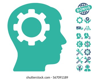 Intellect Gear icon with bonus service images. Vector illustration style is flat iconic cobalt and cyan symbols on white background.