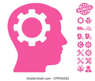 Intellect Gear icon with bonus tools symbols. Vector illustration style is flat iconic pink symbols on white background.