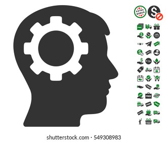 Intellect Gear icon with free bonus symbols. Vector illustration style is flat iconic symbols, green and gray colors, white background.
