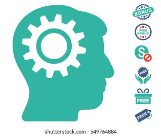 Intellect Gear icon with free bonus icon set. Vector illustration style is flat iconic symbols, cobalt and cyan colors, white background.