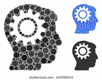 Intellect gear mosaic of round dots in various sizes and color tones, based on intellect gear icon. Vector round dots are grouped into blue mosaic.