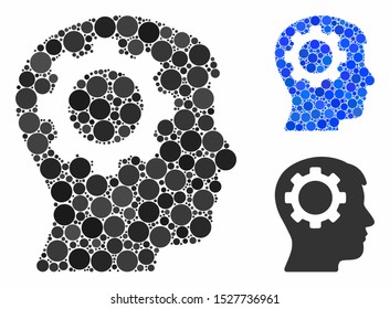 Intellect gear mosaic of small circles in different sizes and color tinges, based on intellect gear icon. Vector small circles are organized into blue mosaic.