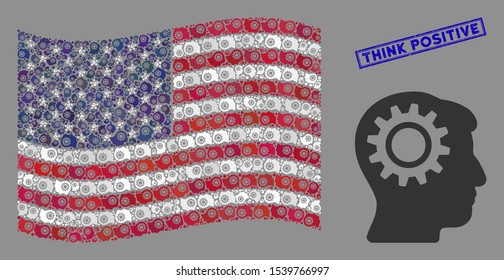 Intellect gear pictograms are combined into American flag collage with blue rectangle rubber stamp watermark of Think Positive phrase.