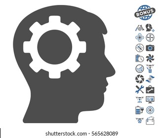 Intellect Gear pictograph with bonus flying drone tools icon set. Vector illustration style is flat iconic cobalt and gray symbols on white background.
