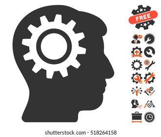 Intellect Gear pictograph with bonus settings design elements. Vector illustration style is flat iconic orange and gray symbols on white background.