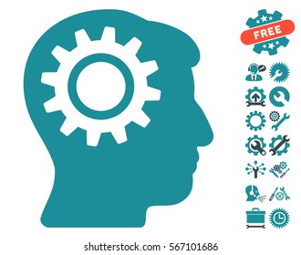 Intellect Gear pictograph with bonus setup tools symbols. Vector illustration style is flat iconic soft blue symbols on white background.