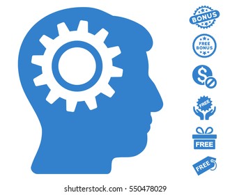 Intellect Gear pictograph with free bonus symbols. Vector illustration style is flat iconic symbols, cobalt color, white background.