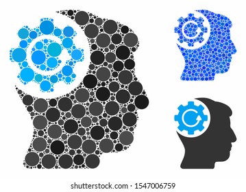 Intellect gear rotation composition of filled circles in variable sizes and color tones, based on intellect gear rotation icon. Vector filled circles are grouped into blue composition.