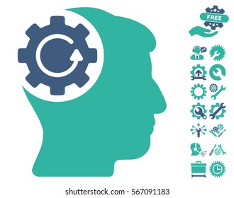 Intellect Gear Rotation icon with bonus setup tools pictures. Vector illustration style is flat iconic cobalt and cyan symbols on white background.