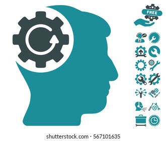 Intellect Gear Rotation icon with bonus service pictograph collection. Vector illustration style is flat iconic soft blue symbols on white background.