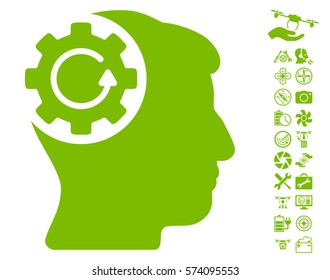 Intellect Gear Rotation icon with bonus flying drone service clip art. Vector illustration style is flat iconic symbols on white background.