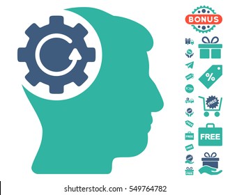 Intellect Gear Rotation icon with free bonus pictures. Vector illustration style is flat iconic symbols, cobalt and cyan colors, white background.