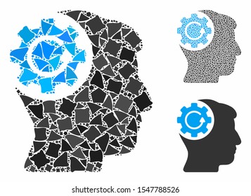 Intellect gear rotation mosaic of abrupt pieces in variable sizes and color hues, based on intellect gear rotation icon. Vector abrupt pieces are composed into mosaic.