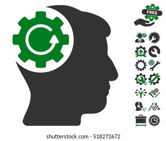 Intellect Gear Rotation pictograph with bonus configuration pictograph collection. Vector illustration style is flat iconic green and gray symbols on white background.