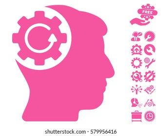 Intellect Gear Rotation pictograph with bonus settings graphic icons. Vector illustration style is flat iconic pink symbols on white background.