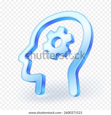 Intellect gear symbol 3d icon. Transparent glass material. Creative concept isolated on background. Vector Illustration file.