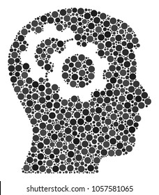 Intellect Gears composition of circle dots in different sizes and color hues. Round dots are united into intellect gears vector illustration. Vector design concept.